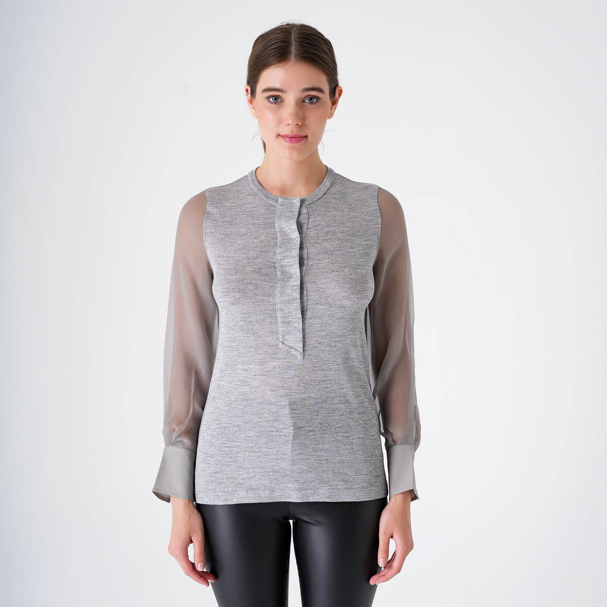 Brunello Cucinelli - Grey Wool&Transparented Sleeve Blousse